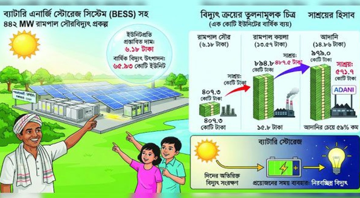 রামপালে ব্যাটারি স্টোরেজসহ বৃহৎ সৌরবিদ্যুৎ কেন্দ্র সাশ্রয় হবে বছরে ৪৮৮ থেকে ৫৭২ কোটি টাকা